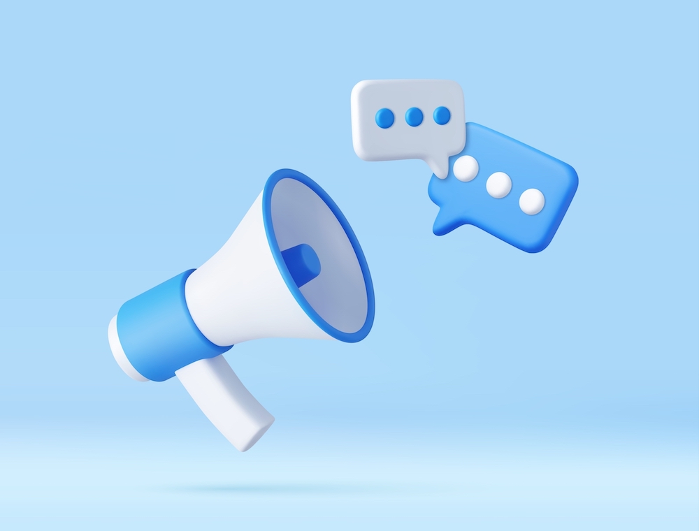 3d Megaphone with messages icon. Online marketing with loudspeaker. Blue and White. 3D Rendering.